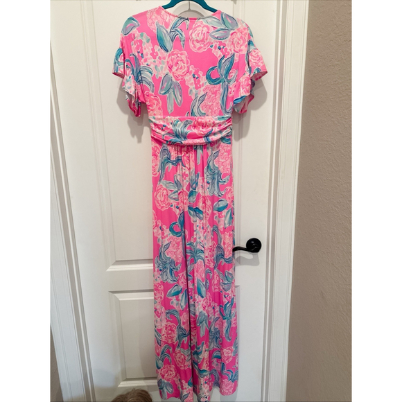 Lilly Pulitzer Maxi Dress Pink Positive Floral V-Neck Ruched Waist 58” Long Sml - Picture 6 of 10